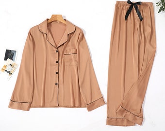 Luxury Breathable Alternative Silk Satin Pajama Set - Camel