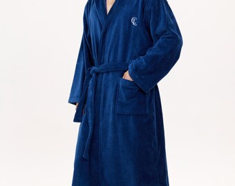 Men's Hooded Turkish Cotton Bathrobe, Navy Blue Luxury Spa Loungewear