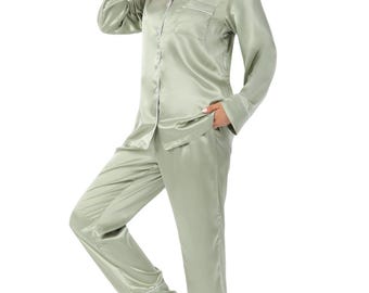 Sage Green Satin Pajama Set with Eye Mask, Luxury Sleepwear, Button Down Loungewear