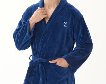 Men's Turkish Cotton Bathrobe, Navy Blue Luxury Spa Robe, Hotel Style Loungewear