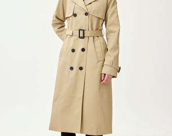 Golden Khaki Water-Resistant Trench Coat, Minimalist Double-Breasted Outerwear