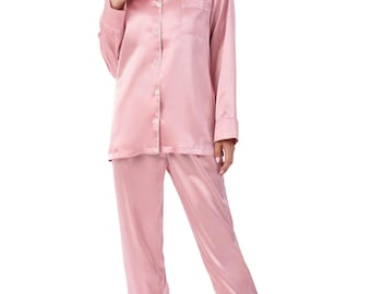 Rosy Pink Silk Satin Pajama Set with Eye Mask, Soft Button Down Pajamas