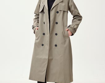 Sage Grey Water-Resistant Trench Coat, Minimalist Double-Breasted Outerwear