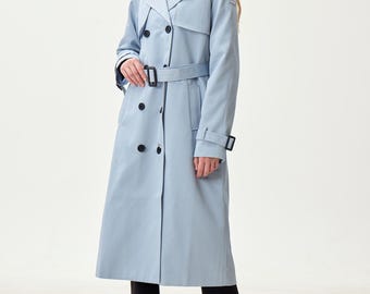 Pacific Blue Water-Resistant Trench Coat, Minimalist Double-Breasted Outerwear