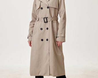 French Taupe Water-Resistant Trench Coat, Minimalist Double-Breasted Outerwear
