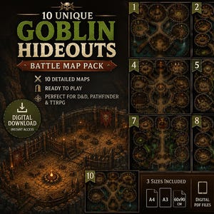May include: A digital battle map pack titled 10 UNIQUE GOBLIN HIDEOUTS featuring ten detailed, top-down dungeon layouts with circular rooms and connecting paths. The set includes digital PDF files in A4, A3, and 60x90 cm sizes with grids.