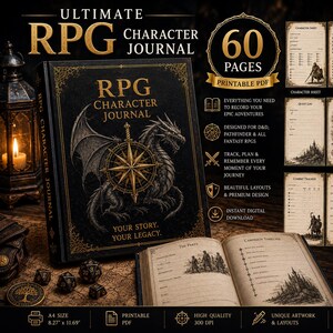 May include: A black RPG character journal with gold dragon and compass cover art, featuring 60 printable pages including character sheets, inventory, spell sheets, quest logs, world maps, and campaign timelines in A4 size, 21.0 by 29.7 cm.
