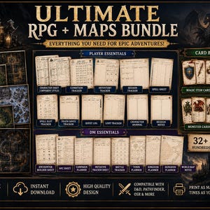 Peut inclure: Un ensemble numérique de JDR et de cartes comprenant sept cartes de combat, des essentiels pour joueurs avec fiches de personnage, suivis et journaux, des essentiels pour MJ, et un jeu de cartes d'objets, potions, monstres et sorts. 32 PDF inclus.