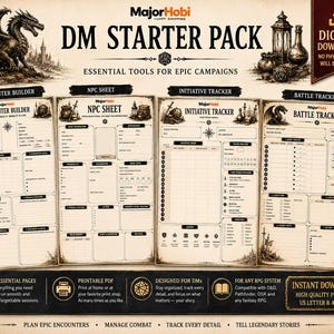 May include: A digital DM Starter Pack featuring four printable sheets: Encounter Builder, NPC Sheet, Initiative Tracker, and Battle Tracker. The beige-toned pages include black text, fantasy illustrations, and grid layouts for RPG campaign management.