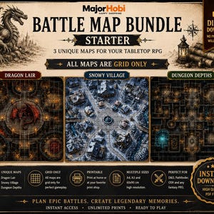 Puede incluir: Un paquete de mapas de batalla digitales para juegos de rol de mesa que incluye tres mapas: Dragon Lair, Snowy Village y Dungeon Depths. La imagen muestra una ilustración de un dragón, una rosa de los vientos y detalles de los archivos PDF.