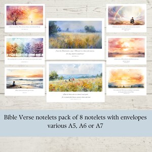 May include: A pack of 8 notelets with envelopes featuring watercolour paintings and Bible verses. The notelets are available in various sizes: A5, A6, or A7.