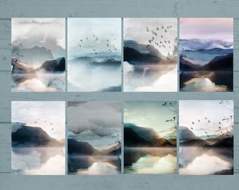 Watercolour Landscape Notelets: Birds in Flight, Set of 8