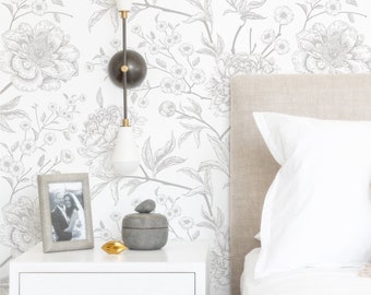 Vintage Flowers and Peonies Wallpaper - Soft Floral Pattern Peel and Stick Removable Wallpaper Custom Color Self Adhesive Mural - 300