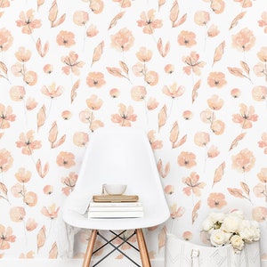 Flowers Mix Wallpaper - Peach Floral Botanical Peel and Stick Carta da parati rimovibile per tutte le stanze - Murale autoadesivo -027