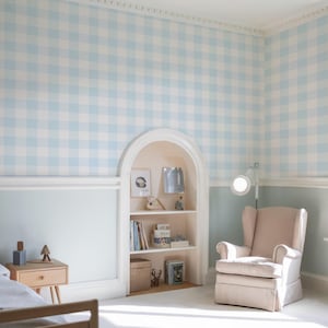 Blue Pastel Gingham Pattern Wallpaper, Gender Neutral Nursery Ideas, Plaid Peel and Stick Removable Wallpaper, Checkered Pattern 448