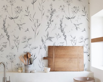 Delicate Wildflowers Wallpaper - Soft Shades of Grey Floral Pattern Peel and Stick Removable Wallpaper All Rooms - Self Adhesive Mural -202