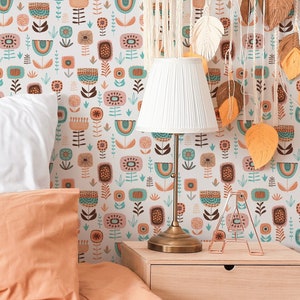 Orange Folk Flowers Wallpaper - Colorful Scandinavian Flowers Peel and Stick Carta da parati rimovibile per camere da letto per bambini - Murale autoadesivo 337