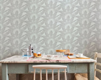 Bohemian Fan Wallpaper - Banana Leaf Grey and White Peel and Stick Removable Wallpaper Custom Colors Kitchen Wallpaper Trend - 431