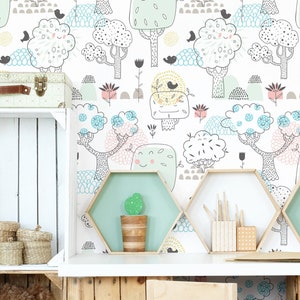Woodland Trees and Birds Wallpaper - Woodland Forest Peel and Stick Removable Wallpaper for Kids Bedrooms - Self Adhesive Mural - 229