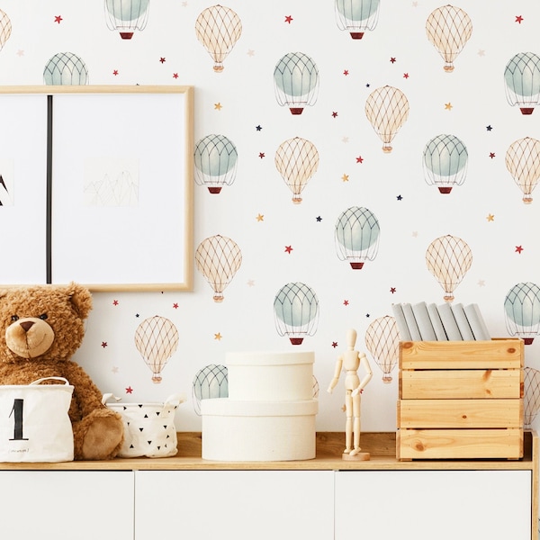 Watercolor Hot Air Balloons Wallpaper - Vintage Hot Air Balloons Peel and Stick Removable Wallpaper for Kids Bedroom - Self Adhesive 250