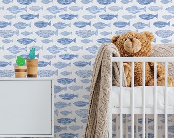 Watercolor Indigo Blue Fishes Wallpaper - Indigo Blue Fishes Peel and Stick Removable Wallpaper For Kids Bedrooms - Self Adhesive Mural -167