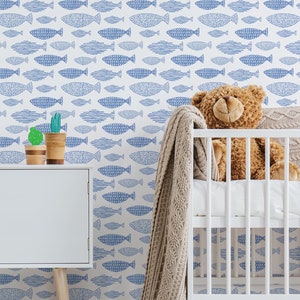 Watercolor Indigo Blue Fishes Wallpaper Indigo Blue Fishes Peel and Stick Removable Wallpaper For Kids Bedrooms Self Adhesive Mural 167 image 1