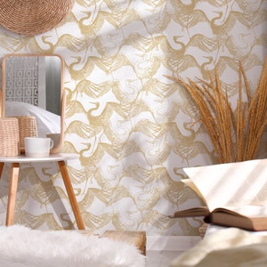 Golden Flying Cranes Wallpaper - Boho Cranes Birds Custon Colors Peel and Stick Carta da parati rimovibile - Murale autoadesivo - 118