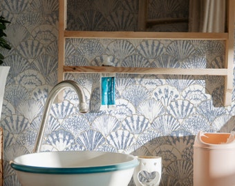 Scallop Shell Pattern Wallpaper - Blue White Gold Sea shell Peel and Stick Removable Wallpaper Beach theme Kitchen Wallpaper Trends 390