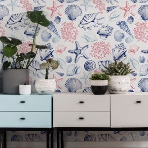 Custom Color Shell Wallpaper - Seashells, Corals and Starfish Peel and Stick Removable Wallpaper - Beach Self Adhesive Wallpaper -192