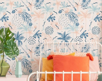 Palm Leaves and Nautilus Seashell Wallpaper -Tropical Peel and Stick Removable Wallpaper For All Rooms - Coastal Self Adhesive Mural 243