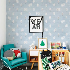 Watercolor Fluffy White Trees Snowfall Wallpaper -Little Boys Dreamy Blue and White Peel and Stick Removable Wallpaper Apartment Perfect 398
