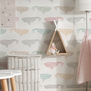 Colorful Whales Wallpaper - Unisex Colorful Whales Peel and Stick Carta da parati rimovibile per camere da letto per bambini - Custom Clors Self Adhesive - 181