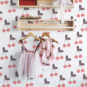 Cute Pink Cherries Wallpaper - Cute Cherries Peel and Stick Removable Wallpaper Custom Colors - Self Adhesive Mural - Nursery Wallpaper -121