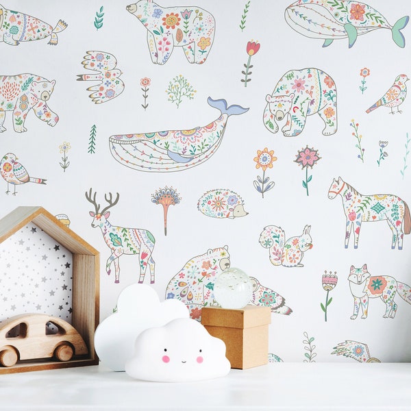 Scandinavian Animals Wallpaper - Cute Folk Floral Animals Peel and Stick Removable Wallpaper For Kids Bedrooms - Self Adhesive Mural 341