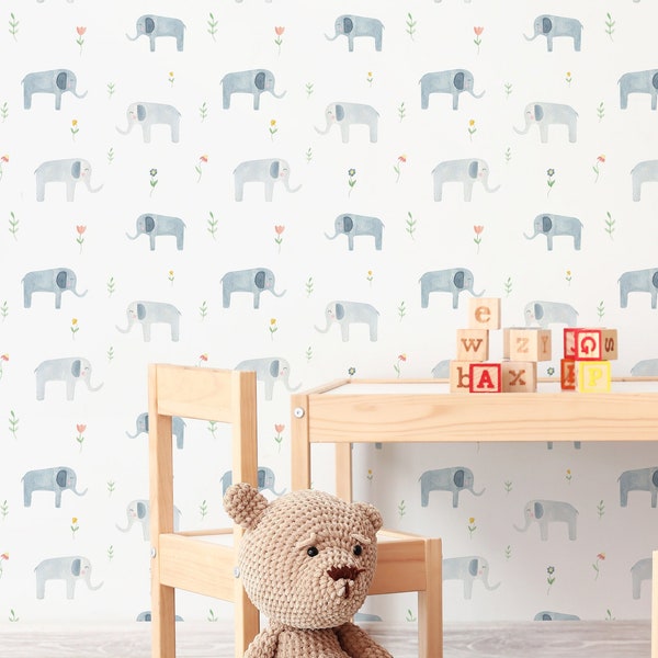 Baby Elephant Wallpaper- Aquarelle Elephants Peel and Stick Papier peint amovible pour Little Boys Bedroom -Safari Self Adhesive Mural 334