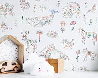 Scandinavian Animals Wallpaper - Cute Folk Floral Animals Peel and Stick Removable Wallpaper For Kids Bedrooms - Self Adhesive Mural 341