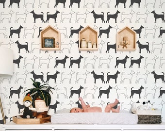 Modern Dog Wallpaper - Dogs Sketch Custom Colors Peel and Stick Removable Wallpaper - Self Adhesive Mural - Dogs Wall Mural - 140