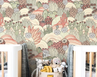 Desert Plants Wallpaper - Pintado a mano Desert Cacti and Flowers Peel and Stick Removable Wallpaper Suculents - Mural autoadhesivo -332