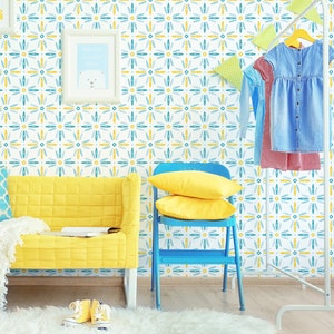 Carta da parati scandinava fiori gialli e blu - Buccia di petalo di fiori e bastone Carta da parati rimovibile Opzioni di colore personalizzate Autoadesivo 081