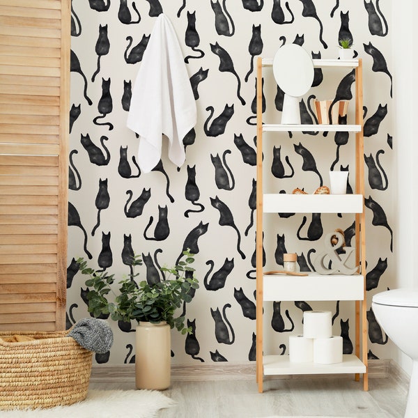 Black Watercolor Cats Wallpaper - Hand Drawn Watercolor Black Cats Peel and Stick Removable Wallpaper For All Rooms -Self Adhesive Mural 188