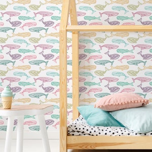 Colorful Whales Wallpaper - Carta da parati rimovibile a pelle e bastone a colori personalizzati per le camere da letto dei bambini - Sea Life Wallpaper - 139