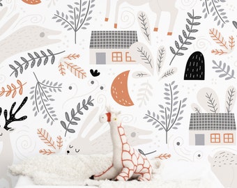 Scandinavian Woodland Animals Wallpaper - Deer Bunny and Forest Cottage Peel and Stick Removable Wallpaper Self Adhesive Nursery - 085