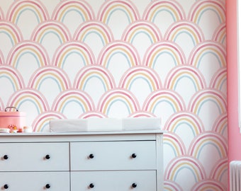 Cute Pink Rainbow Wallpaper - Bohemian Pink Rainbows Peel and Stick Removable Wallpaper For Kids Bedrooms - Self Adhesive Mural - 304