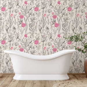 Pop of Pink Modern Floral Black Beige Pink Botanical Pattern Peel and Stick Carta da parati rimovibile Colore personalizzato Cucina Trend Wallpaper - 430