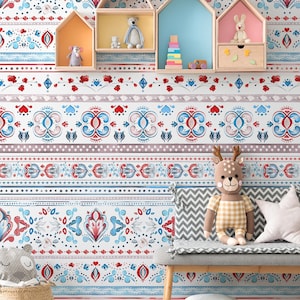Carta da parati con motivo trapuntato moderno - Carta da parati rimovibile con buccia e bastoncino blu bianco rosso Fun Color Neutral Gender Nursery Décor Kitchen Trend 426