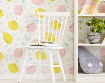 Yellow and Pink Lemons Wallpaper - Lemons with Leaves and Blossoms Peel and Stick Removable Wallpaper For All Rooms -Self Adhesive Mural 222