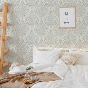 Damast verwijderbaar behang - Blue Teal Damast Peel and Stick Wallpaper in Custom Color Wallpaper Kitchen Trend Plafond Wallpaper - 404