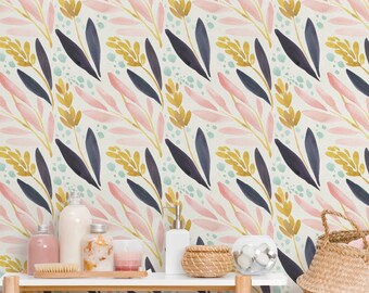 Watercolor Flowers Wallpaper Blue, Pink and Yellow Flowers with Leaves Peel and Stick Removable Wallpaper - Self Adhesive Mural 269