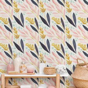 Acquerello Fiori Carta da parati Blu, Rosa e Giallo Fiori con Foglie Buccia e Bastone Carta da parati rimovibile - Self Adhesive Mural 269