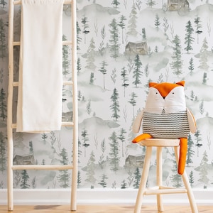 Watercolor Pine Trees Wallpaper Hand Drawn Cottage Forest Peel and Stick Removable Wallpaper For Cabin in the Woods Self Adhesive Mural 028